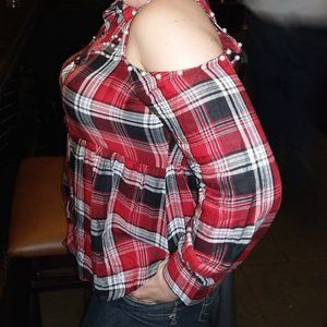 Cold Shoulder Plaid Pearl Detail Top